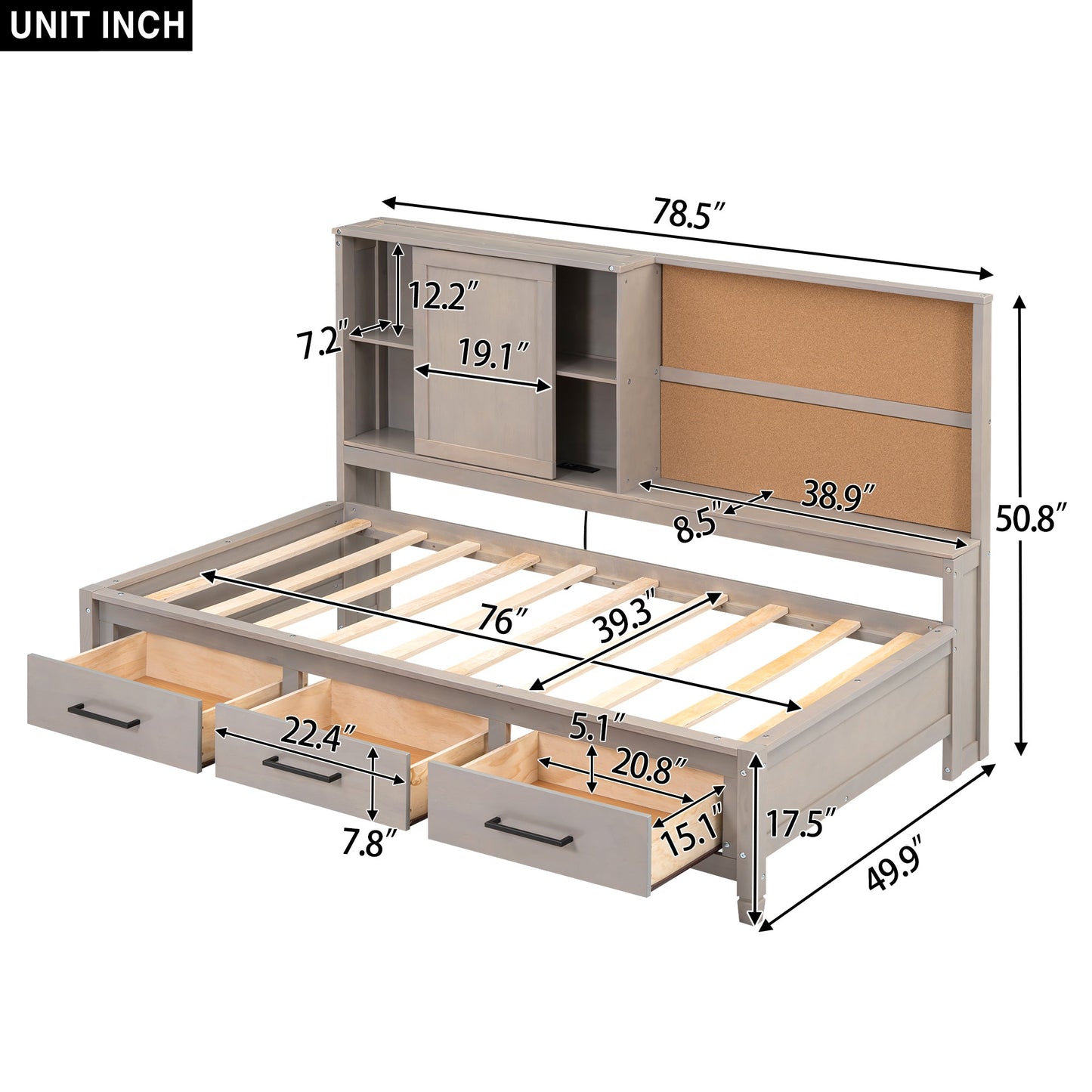 Twin Size Lounge Daybed with Storage Shelves, Cork Board, USB Ports and 3 Drawers, Antique Gray - Korvel
