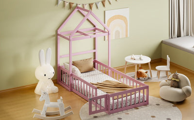 Wooden Twin Size Children's Bed with Detachable Headboard, Pink