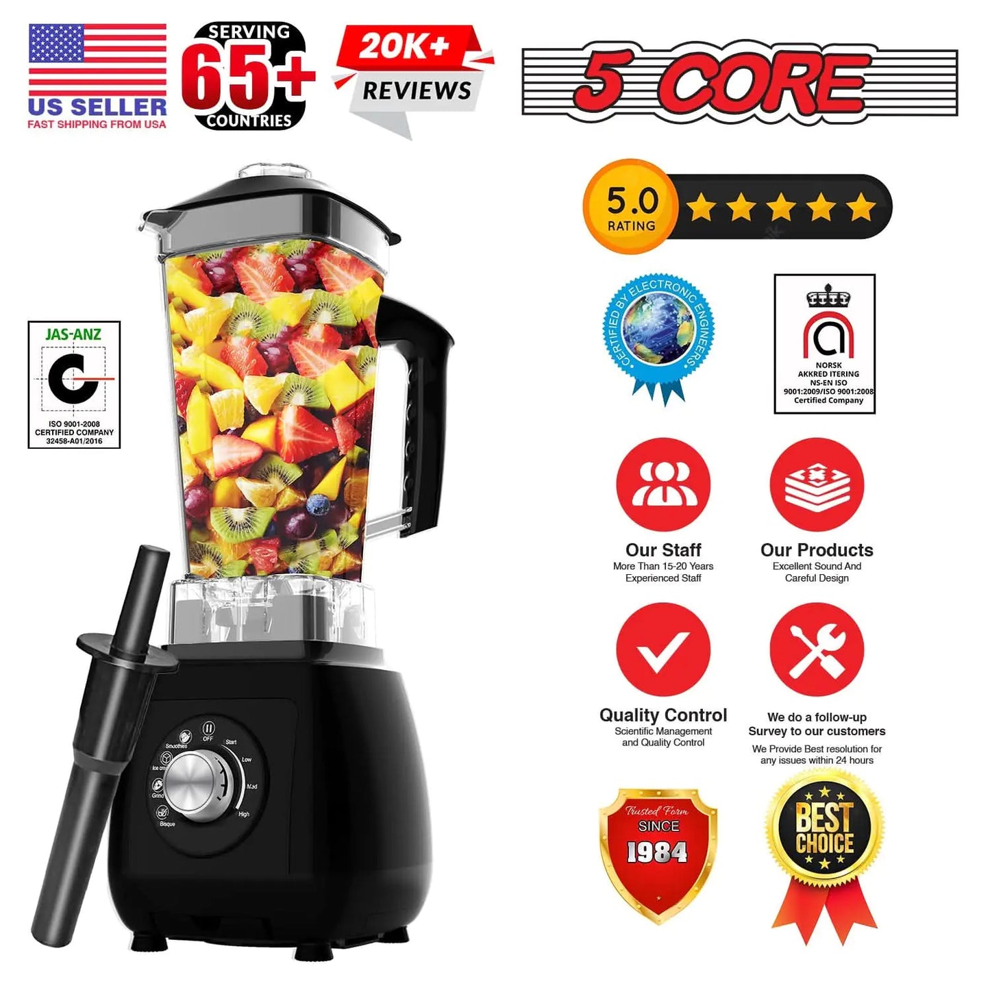 Mezcladora de mostrador 5Core 2000W con jarra de 68oz