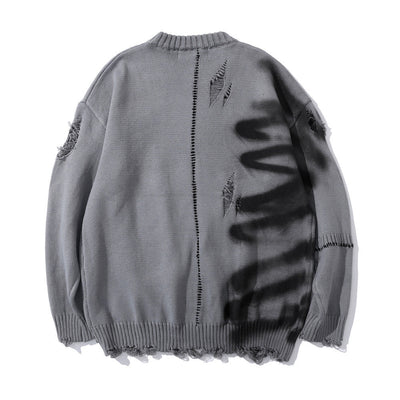 Graffiti Print Crew Neck Knit Sweater Men's Loose Fit Pullover with Hem Holes Street Style Trendy Design - Korvel
