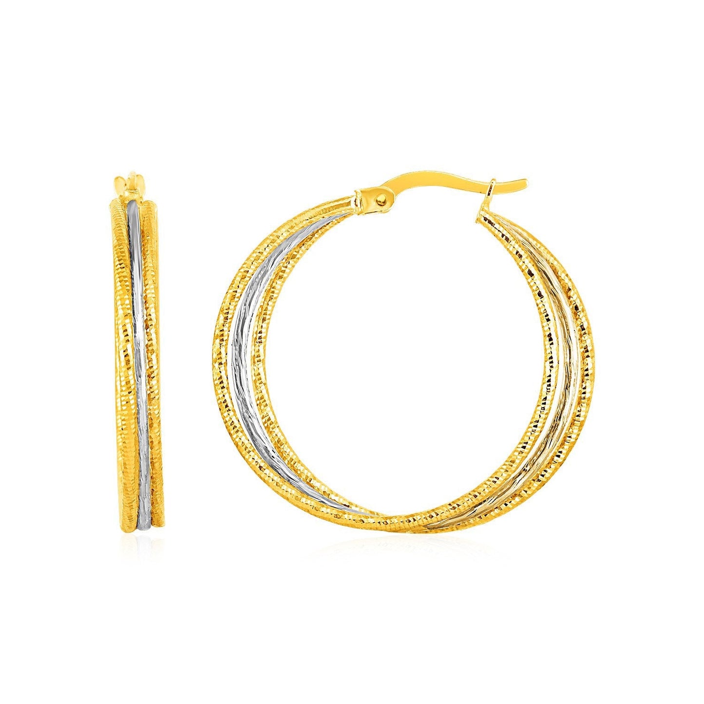Boucles d'oreilles créoles texturées en trois parties en or jaune et blanc 14 carats
