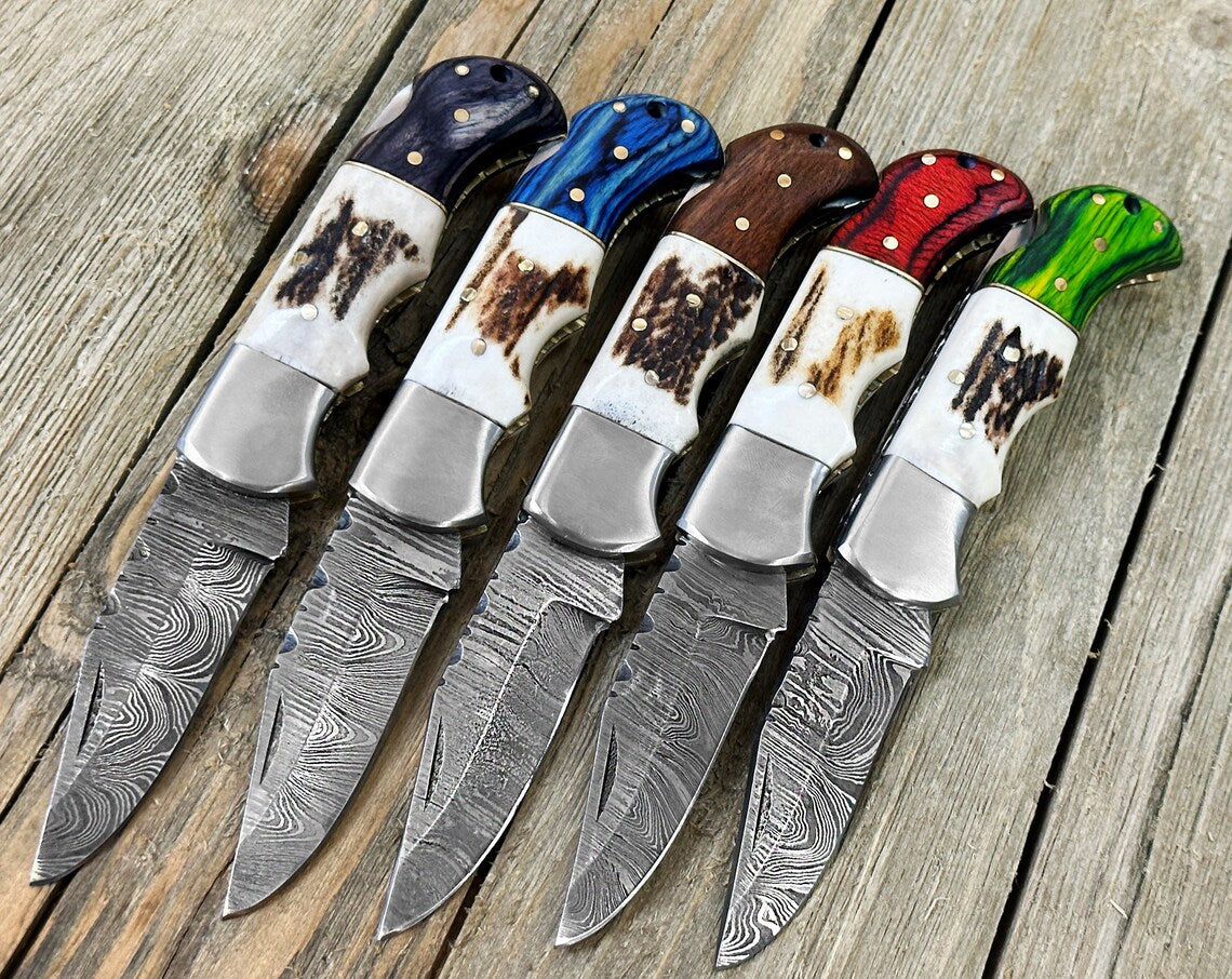 Premium Utility Folding Knife | 3-Inch Damascus Blade | Elegant Pakka Wood & Stag Horn Handle | Leather Storage Case - Korvel