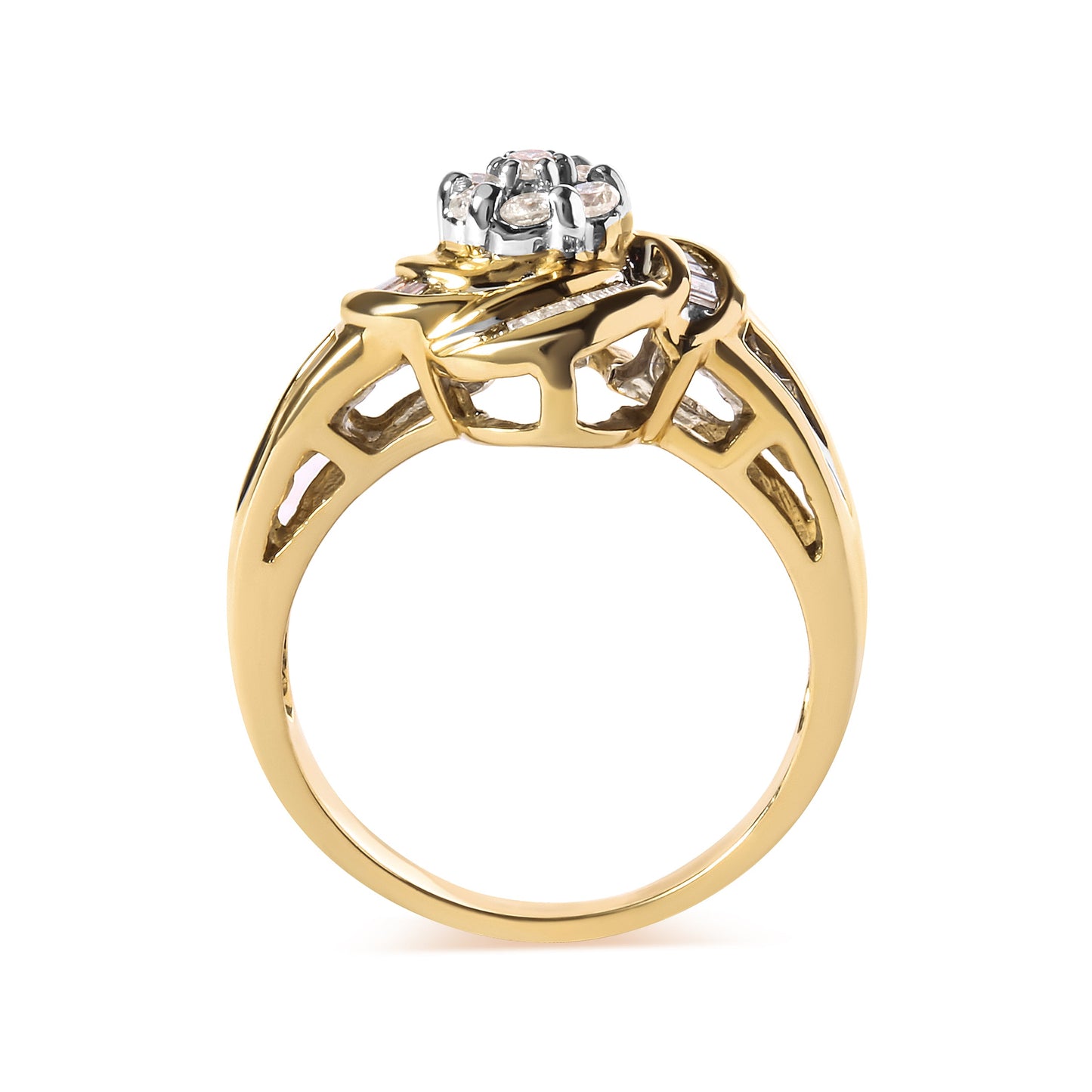 Bague cocktail en or jaune 10K avec diamants en forme de fleur - Taille 7