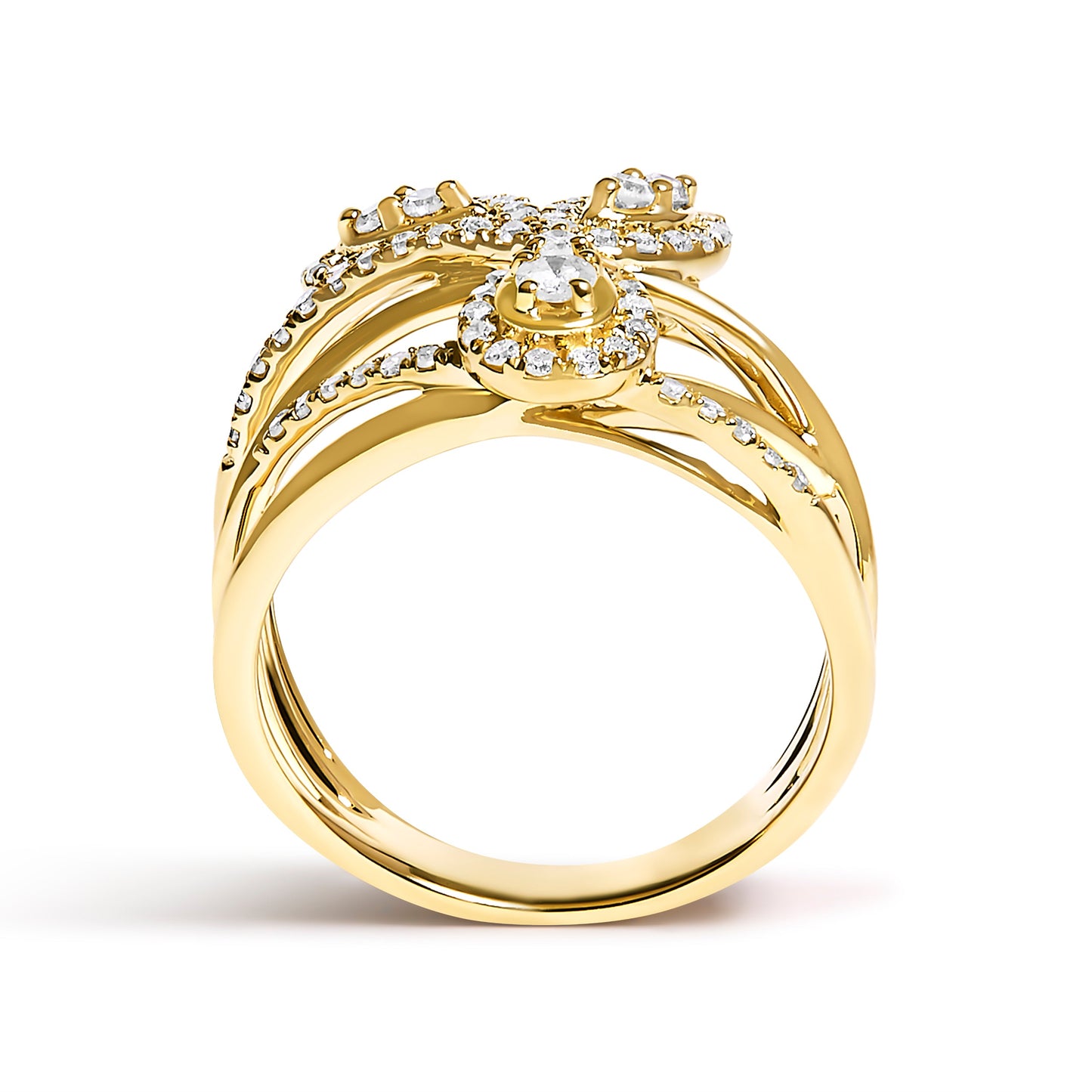 10K Yellow Gold 1/2 Cttw Diamond Crossover Floral Cocktail Ring - Size 7