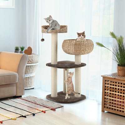 Árbol para Gatos de Ratan de 41 Pulgadas con Perchero para Dormir - Marrón