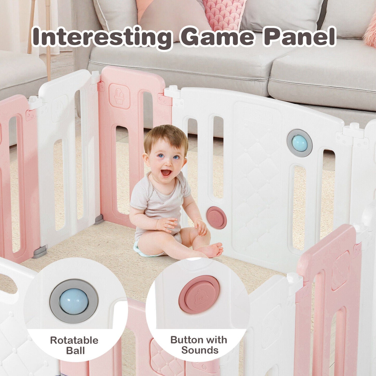14 Panels Kids Safety Activity Play Center with Drawing Board - Pink