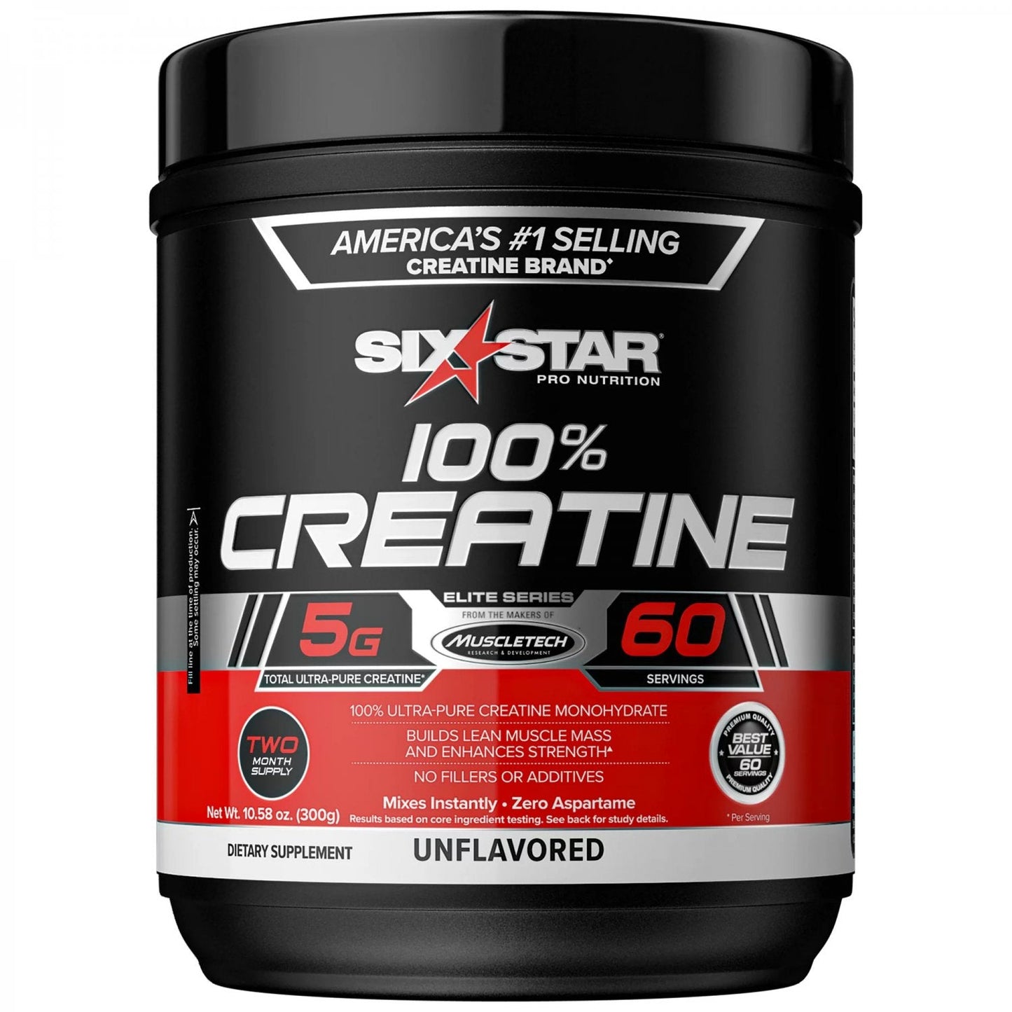 Six Star Pro Nutrition 100% Creatine Polvo Sin Sabor, 10.58 Oz
