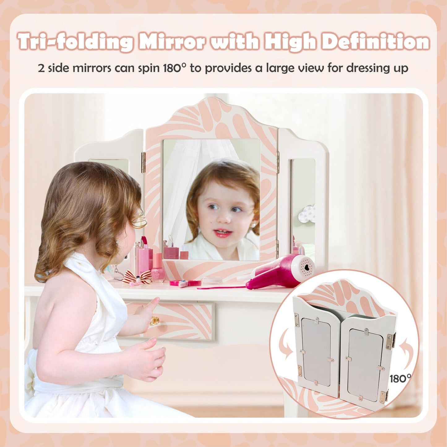 Ensemble de coiffeuse pour enfants 2-en-1 avec miroir pliant - Rose