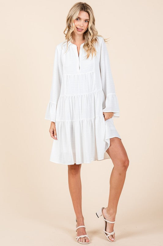 Chic Tiered Flare Sleeve Dress – Stylish Elegance with Notched Neckline - Korvel