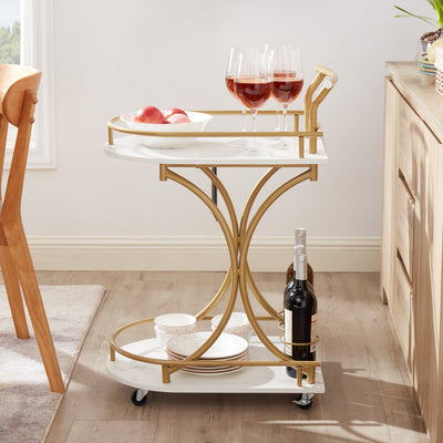Double decker bar cart, mobile bar service cart, kitchen industrial style wine cart, beverage cart with wine rack and glass rack - Korvel