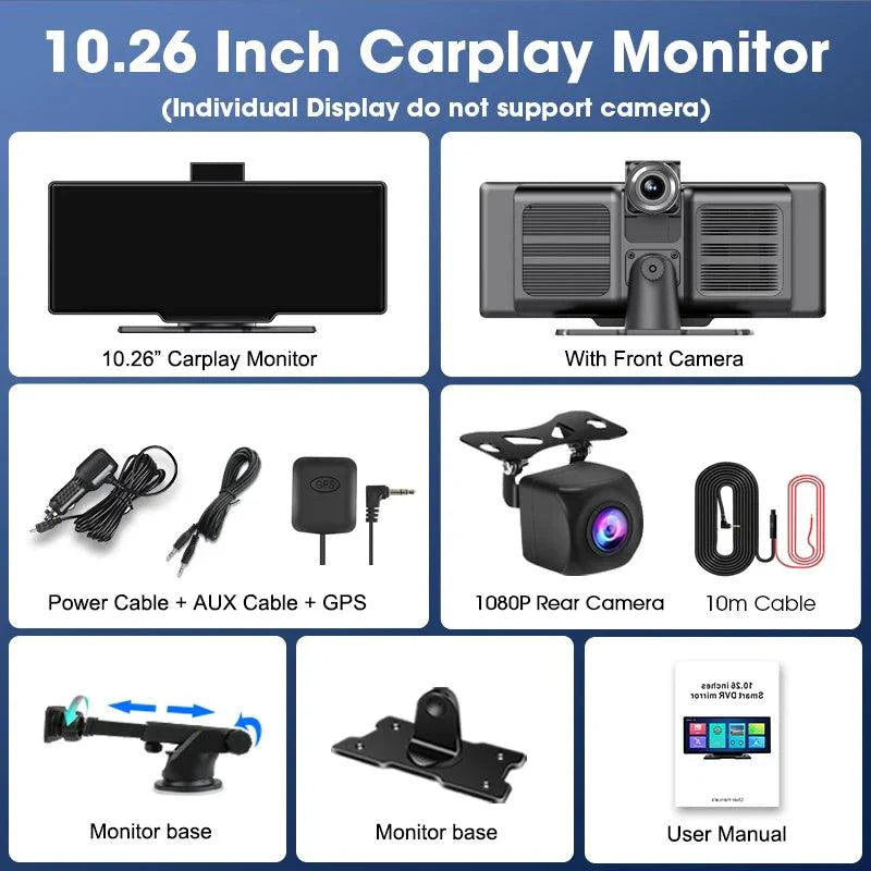 Caméra de tableau de bord miroir 4K 10,26'' avec Carplay et Android Auto