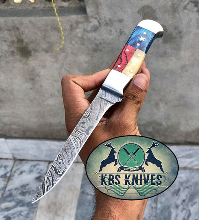 Handcrafted Texas Flag Damascus Steel Fillet-Boning Knife with Exotic Wood-Bone Handle - Korvel