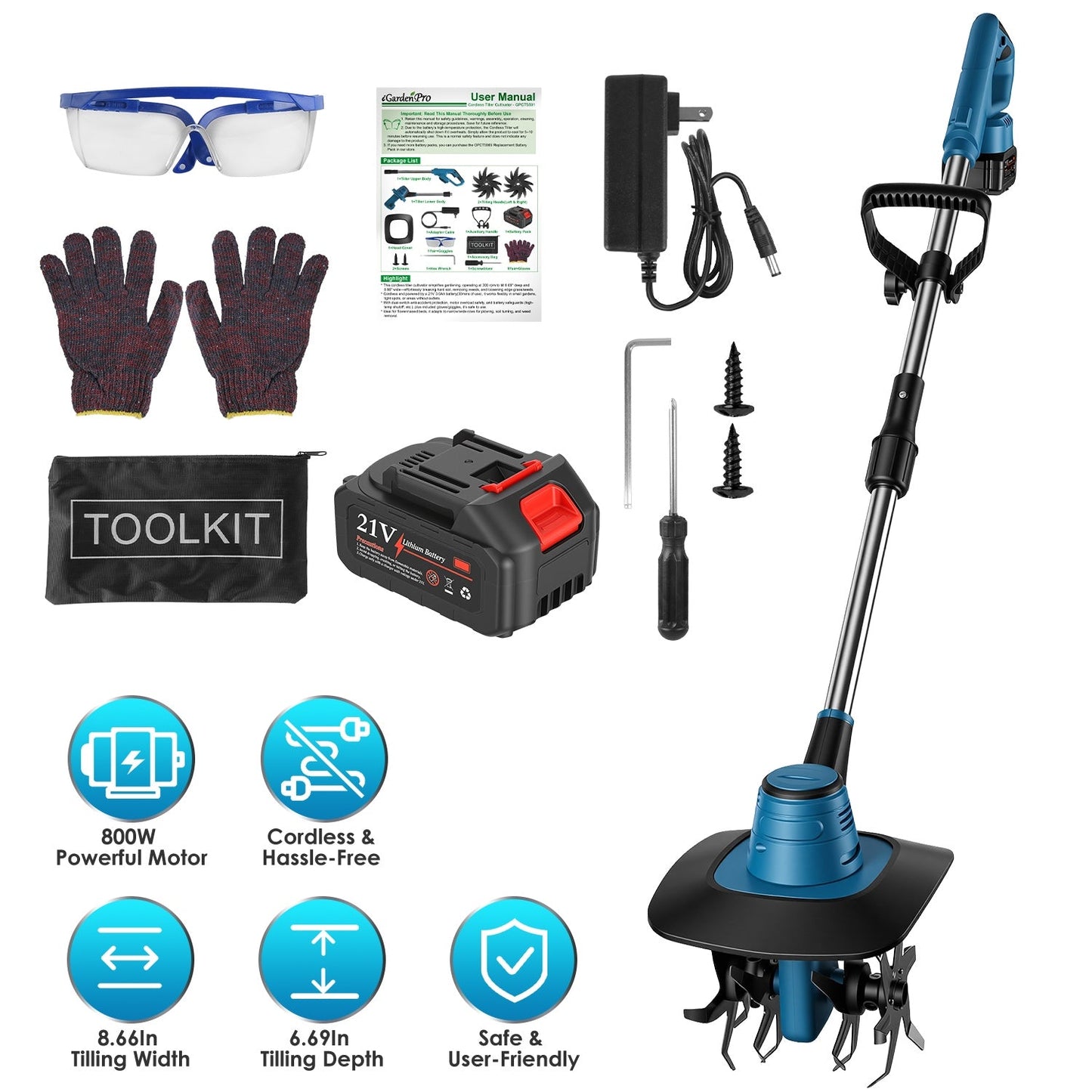 Cultivador de Jardín Inalámbrico de 800W con Batería de 3.0Ah