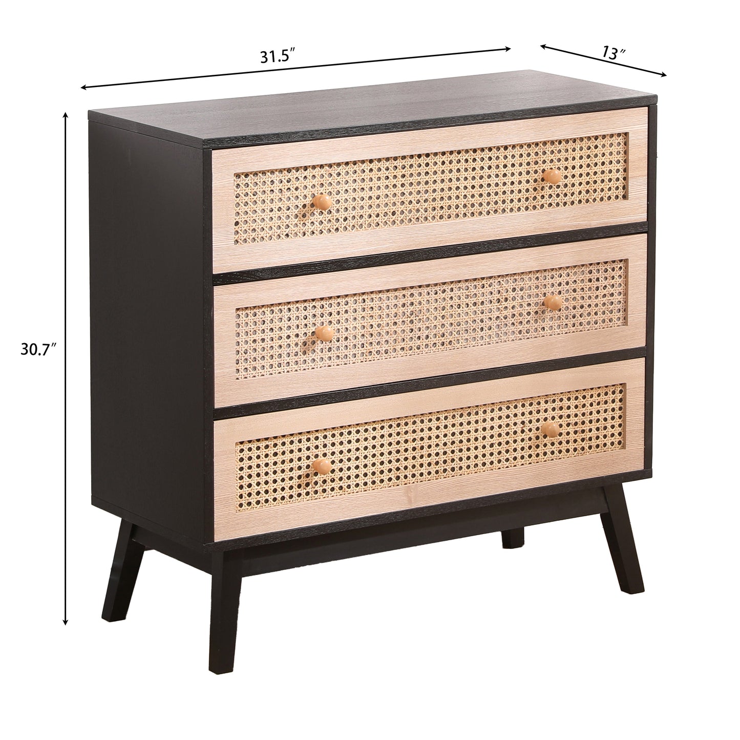 31.5 "3-Drawers Rattan Storage Cabinet Rattan Drawer,for Bedroom,Living Room,Natural drawer and black panel - Korvel