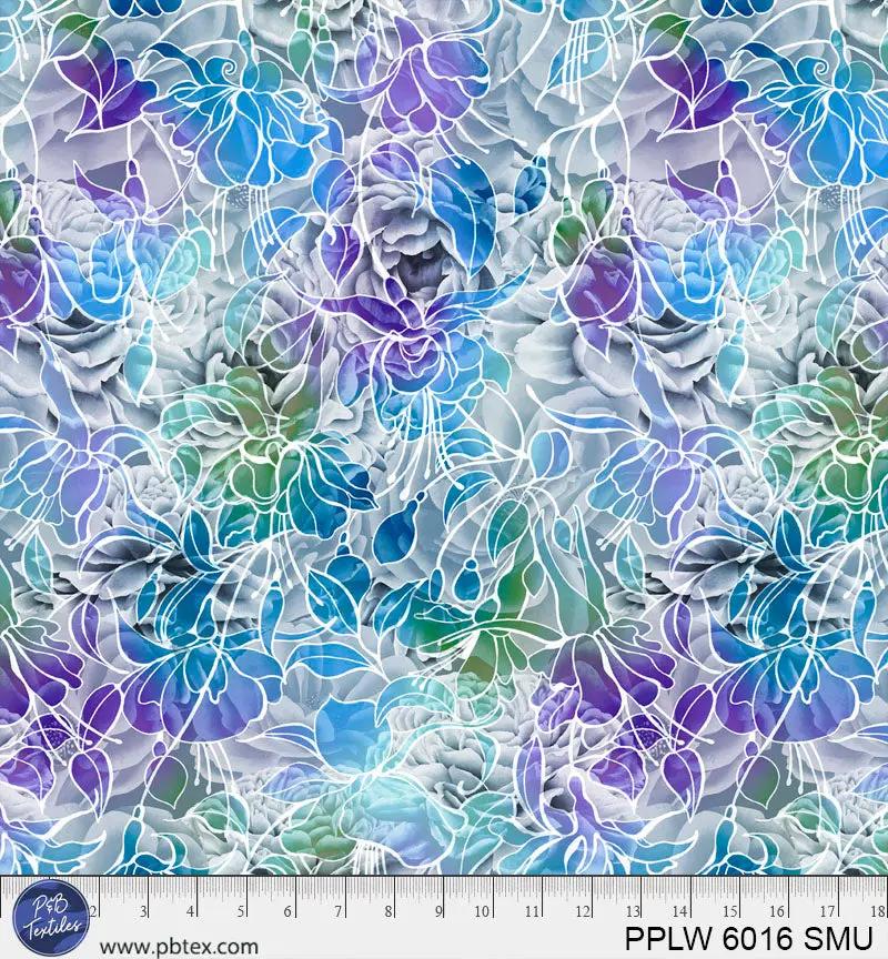 Tela de algodón floral Petal Play azul púrpura verde de 108"