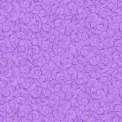 Tela de algodón de fondo ancho de 108" Swirls and Twirls en púrpura lilac