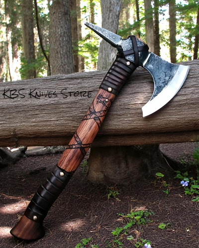 Viking Warrior Axe – Handcrafted 1095 High Carbon Steel with Elegant Rosewood & Leather Grip - Korvel