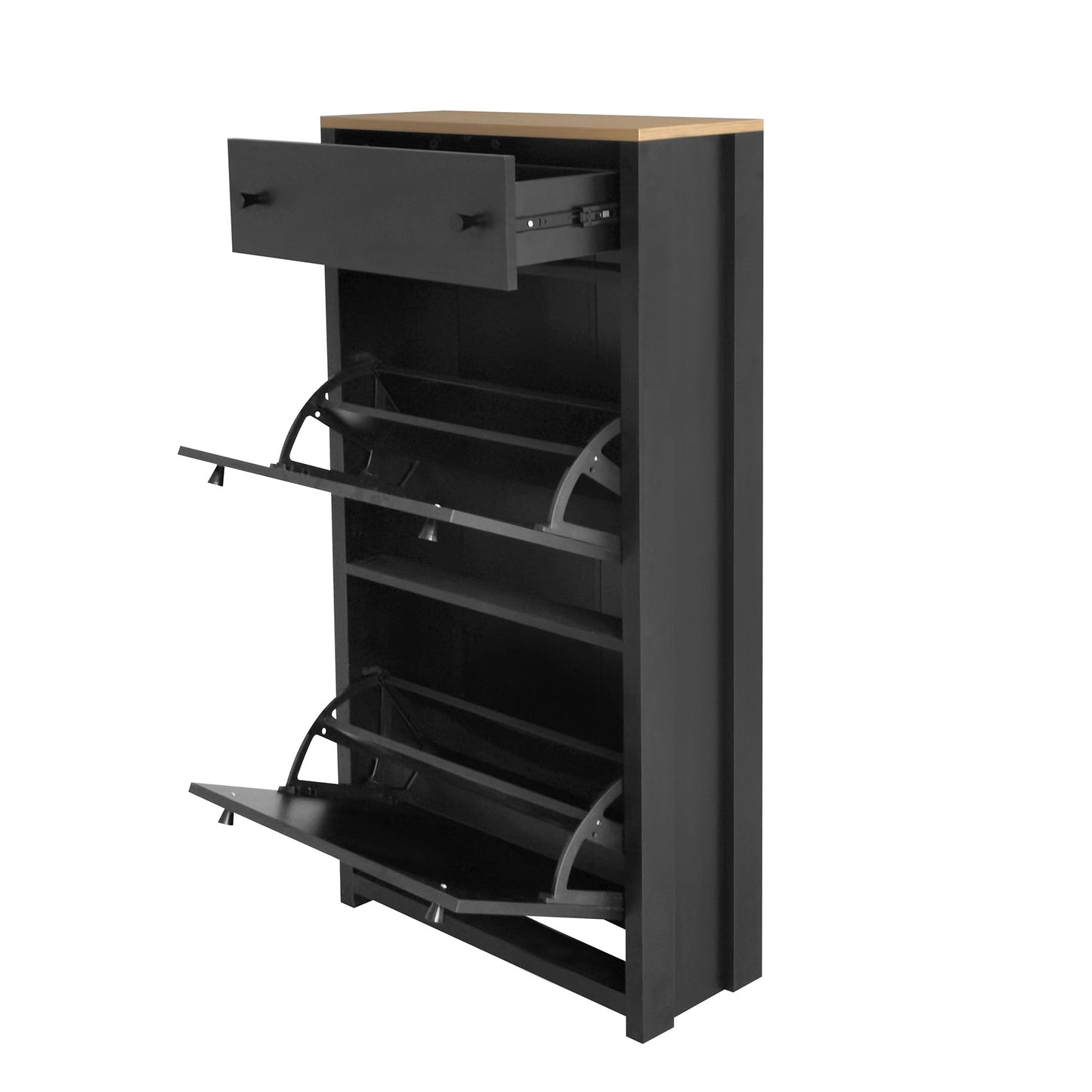 ONTREND Black Shoe Cabinet with 2 Flip Drawers