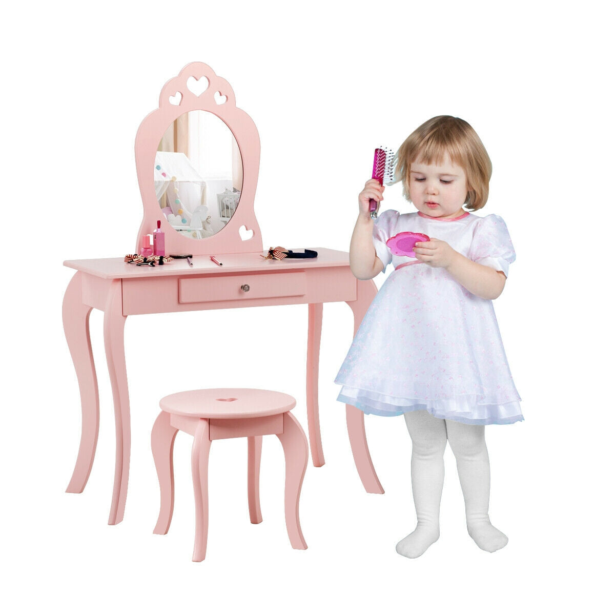 Conjunto de Mesa de Maquillaje de Princesa para Niños con Espejo - Rosa