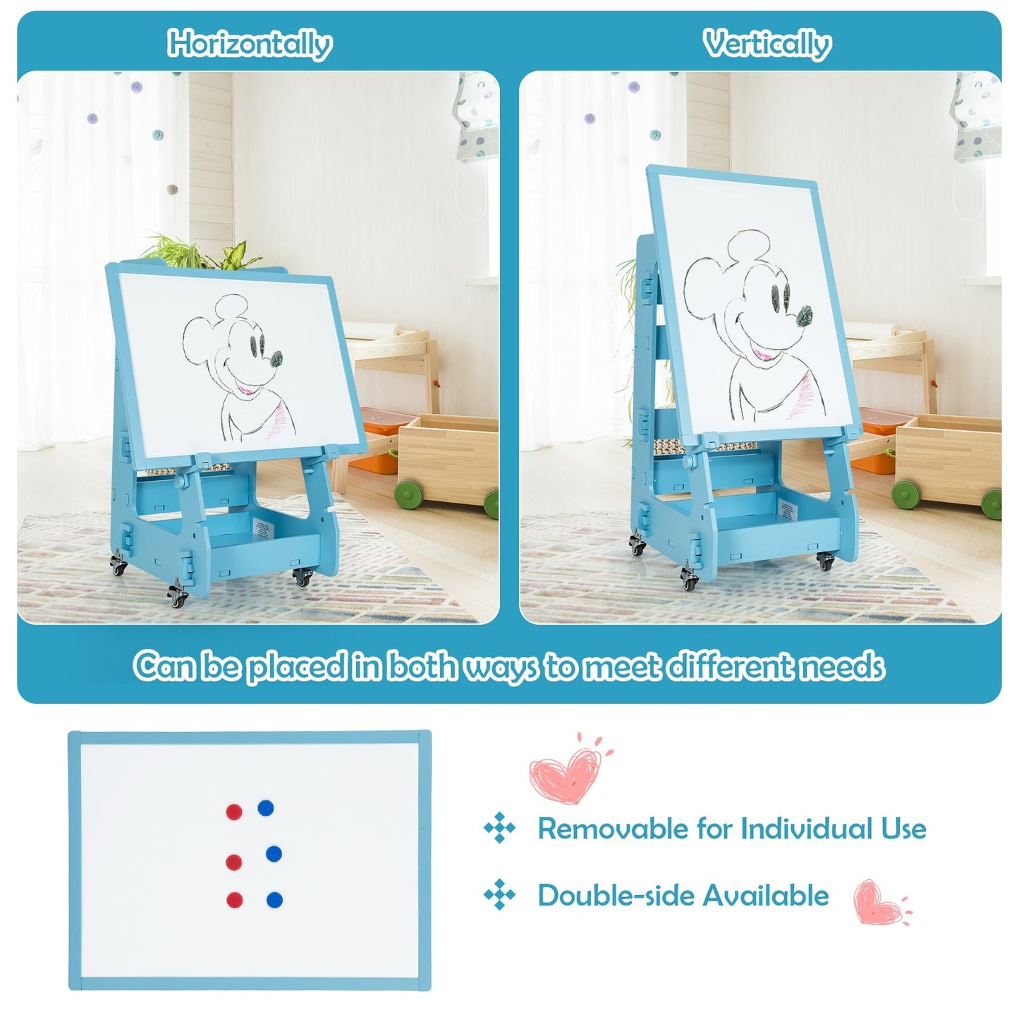 Chevalet d'art debout multifonctionnel pour enfants avec tableau effaçable à sec - Bleu