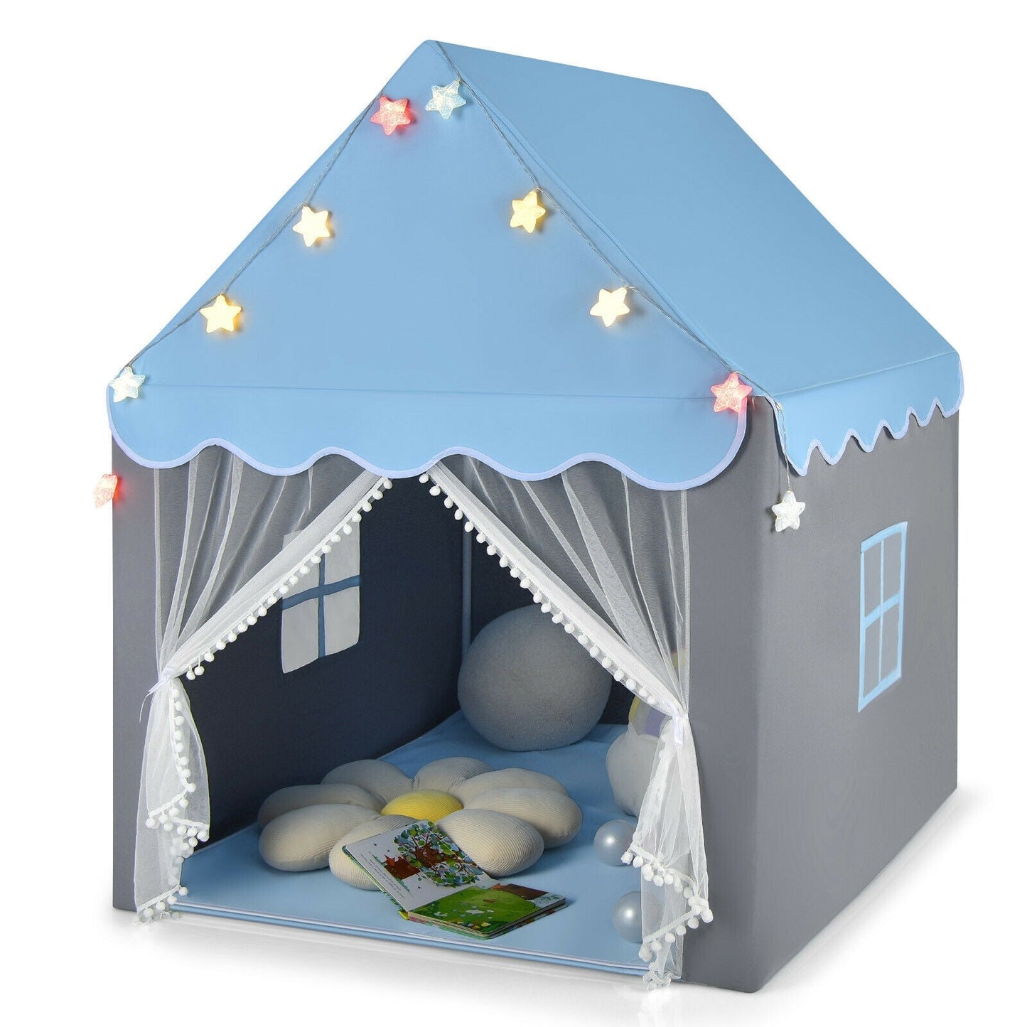 Kids Playhouse Tent with Colorful Star Lights and Mat - Blue
