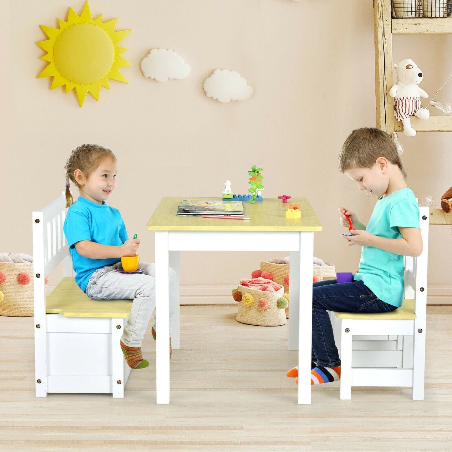 4-Piece Kids Wooden Activity Table and Chairs Set