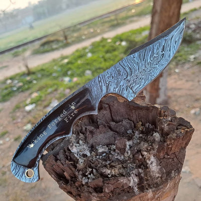 The Blazecrest Custom Deer Skinning Knife - 8-Inch Full Tang Fire Damascus Steel with Buffalo Horn Handle - Korvel