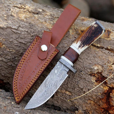 Premium 10" Damascus Steel Hunting Knife with Stag Horn Handle & Leather Sheath - Korvel