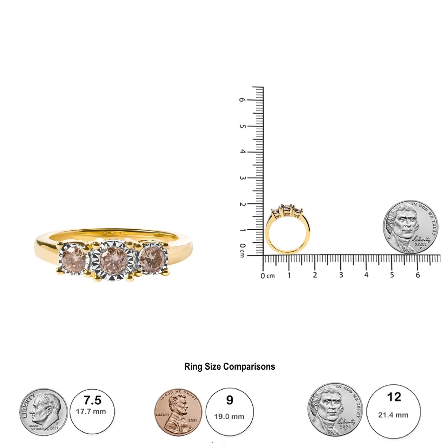 Anillo de Placa de Ilusión de Tres Piedras de Oro Amarillo de 10K 1/2 Cttw