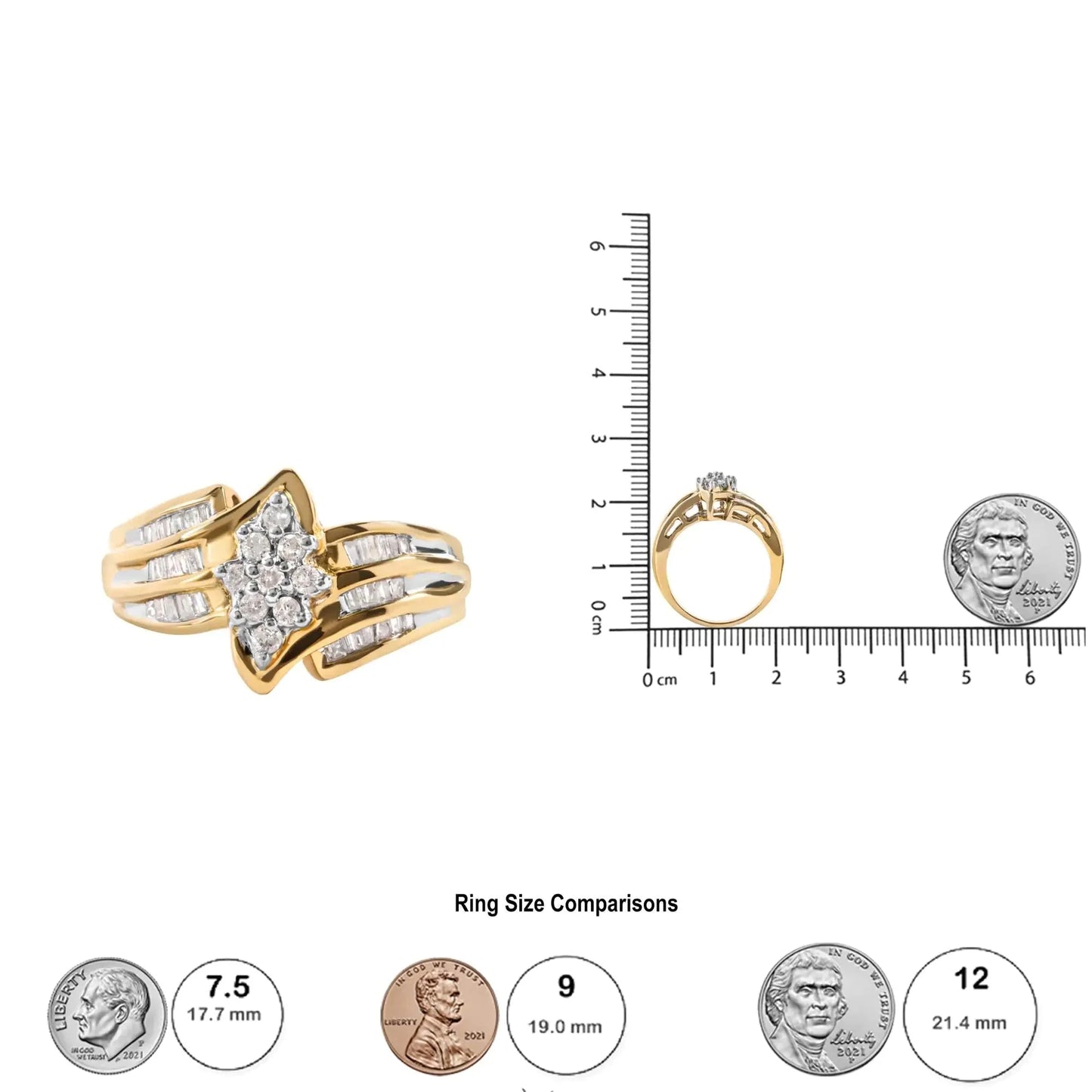 Bague en diamant en cluster en or jaune 10K avec bandeau cannelé