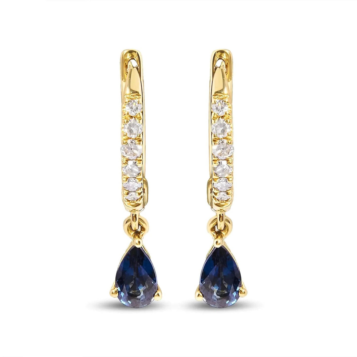 Pendientes de aro de gota de zafiro azul y diamante en oro amarillo de 10K