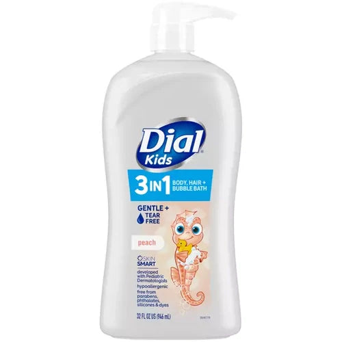 Dial Kids 3-en-1 Gel de Baño+Cuerpo+Burbuja, Durazno, 32 Fl Oz