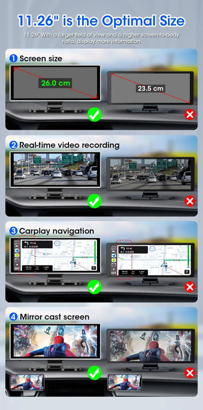 11.26 Inch 4K Dash Cam with Dual Lens and Wireless Connectivity