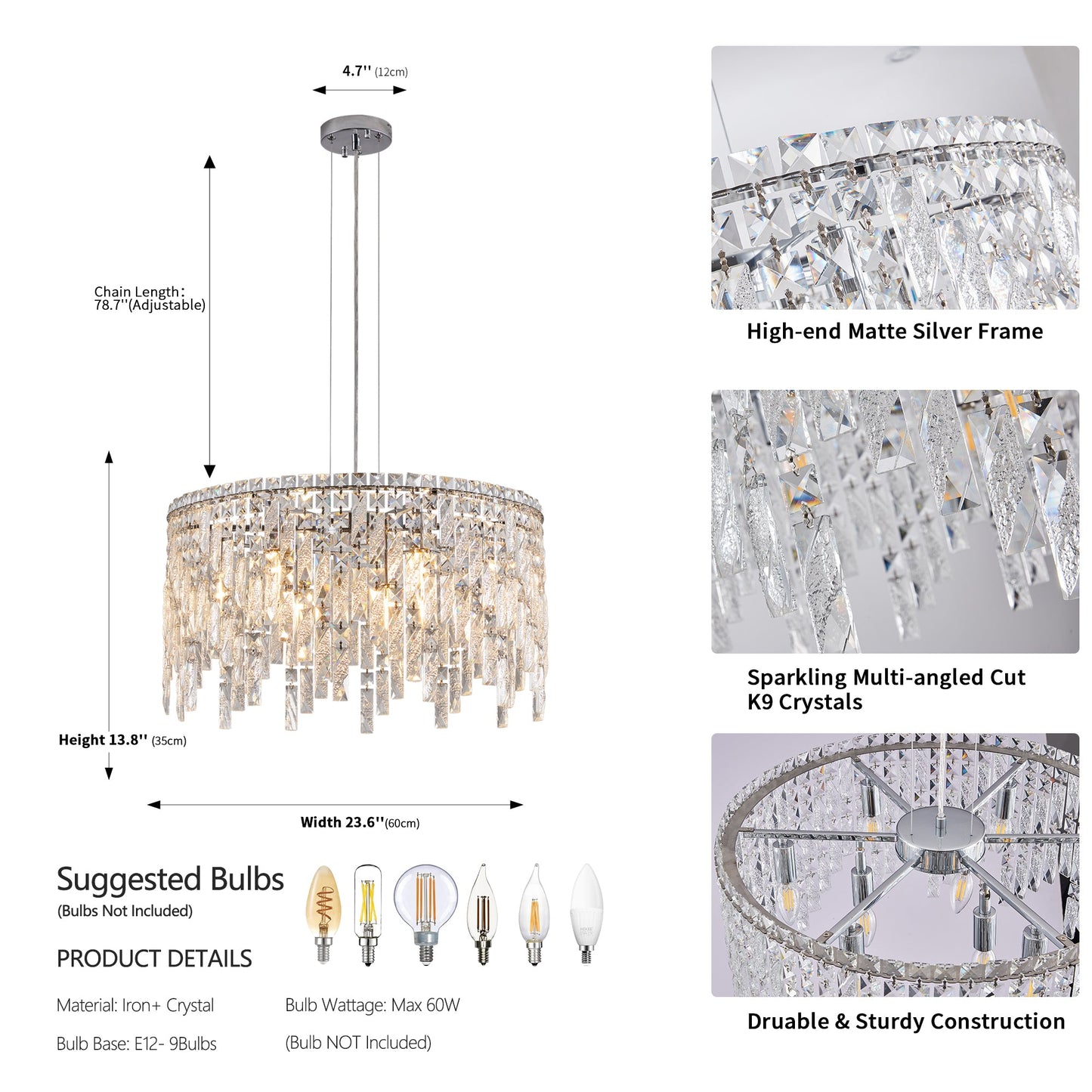 Luxurious Round Silver Crystal Chandelier