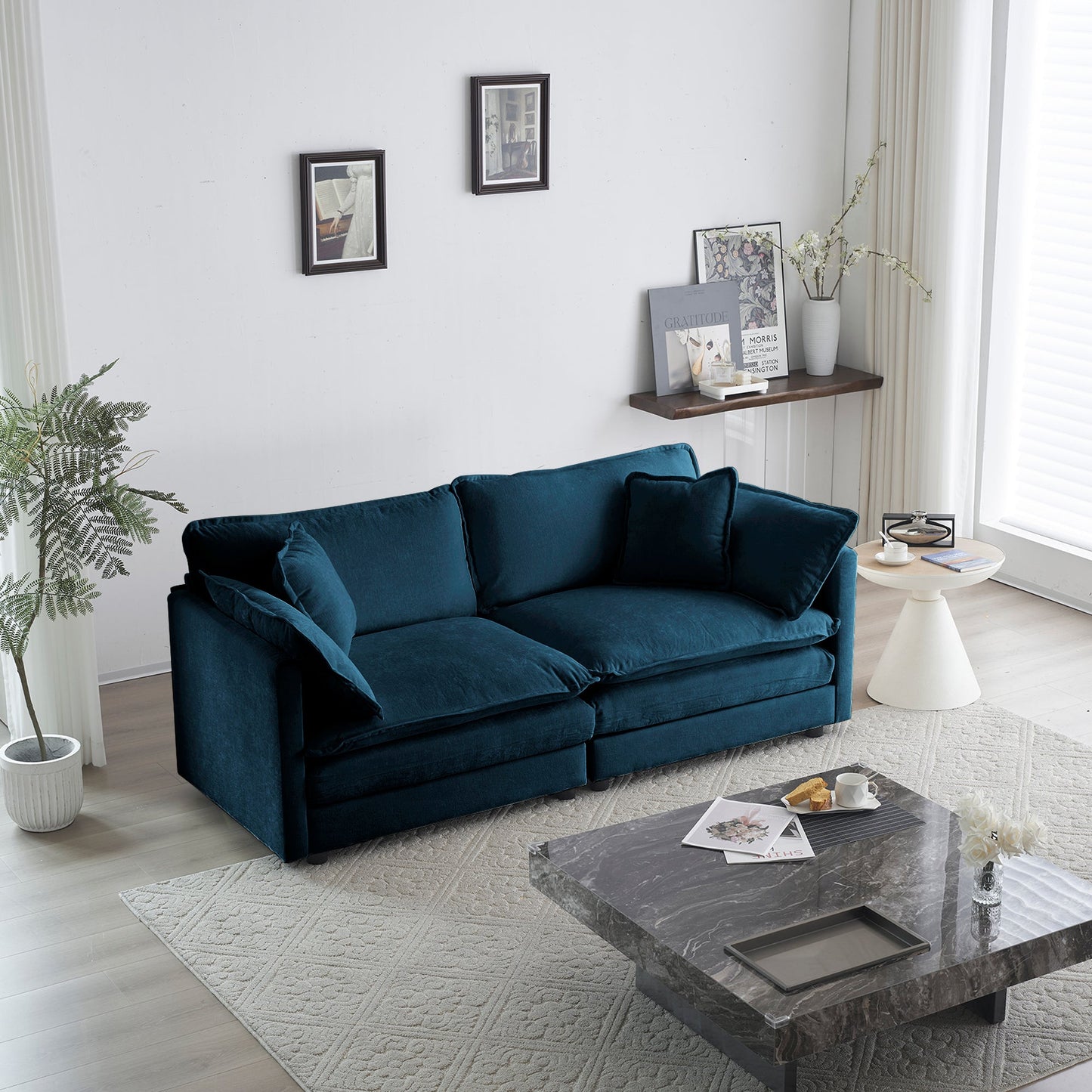 Modern Fabric Loveseat Sofa Couch for Living Room, Upholstered Large Size Deep Seat 2-Seat Sofa with 4 Pillows ,Blue Chenille - Korvel