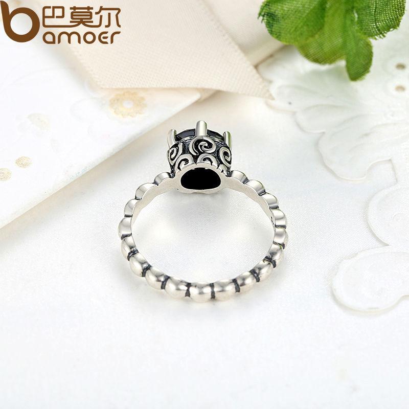 BAMOER Black Cubic Zirconia Finger Ring - Elegant Wedding Jewelry