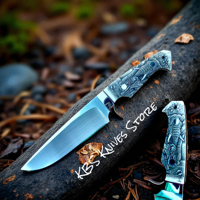 Custom Scrimshaw Hunting Knife – 11" D2 Steel Blade with Unique Camel Bone Handle & Leather Sheath - Korvel