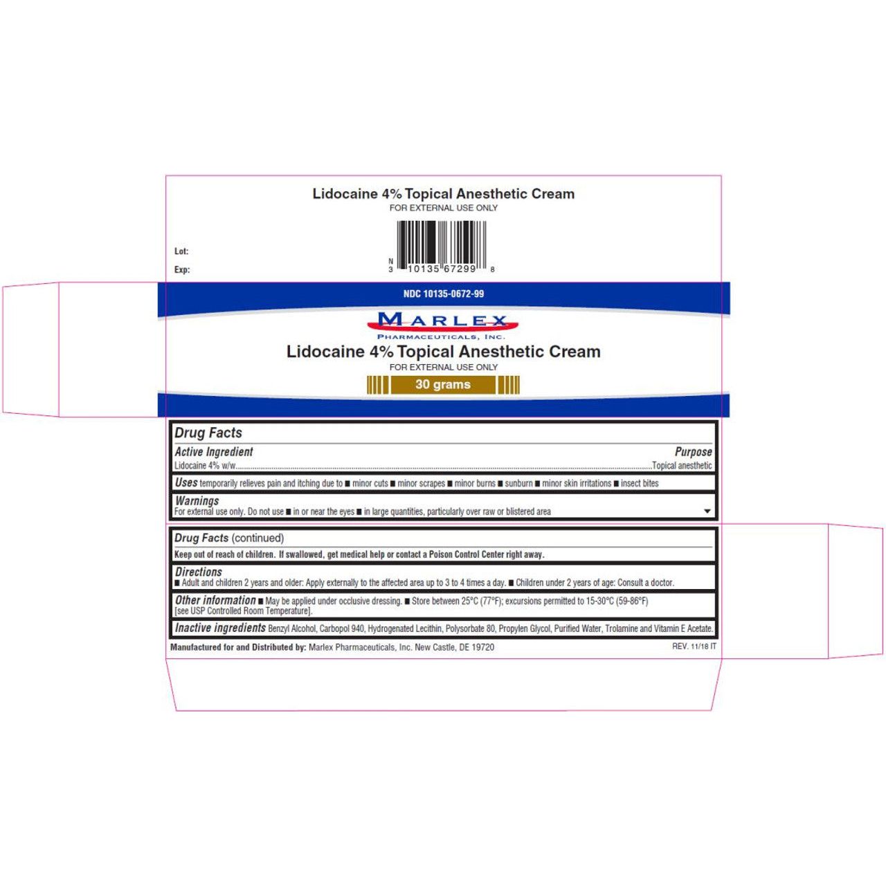 Crema Anestésica Tópica Lidocaína 4% de Marlex Pharmaceuticals 30g