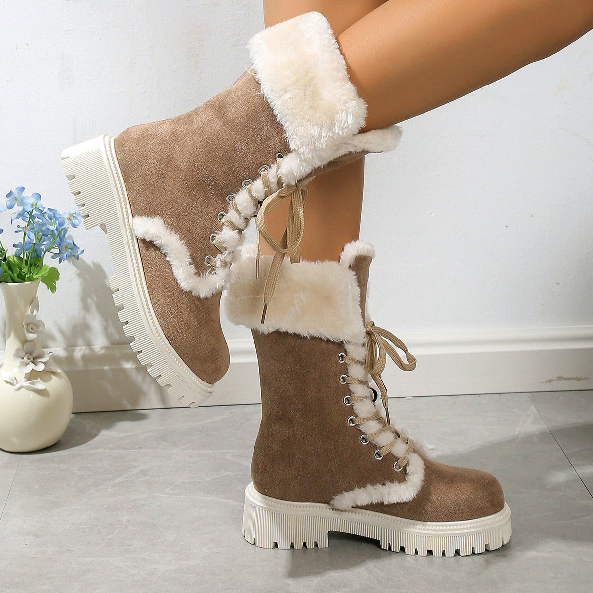 Bottes de neige à lacets d'hiver pour femmes - Talons épais et douillets