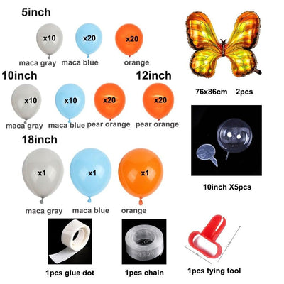 123Pcs Orange Gray Blue Butterfly Foil Helium Balloons Set