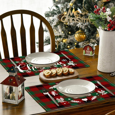 Christmas Tree Elk Printed Meal Mat Christmas Striped Checkered Table Mat White Hemp Western Food Mat - Korvel