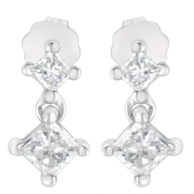 Pendientes de diamante en corte princesa de doble diamante en oro blanco de 14 quilates