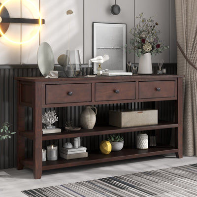 Retro Design Console Table with Two Open Shelves, Pine Solid Wood Frame and Legs for Living Room (Espresso) - Korvel