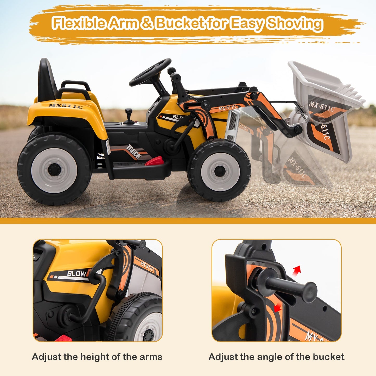 12V Battery Powered Kids Ride-On Excavator - Yellow