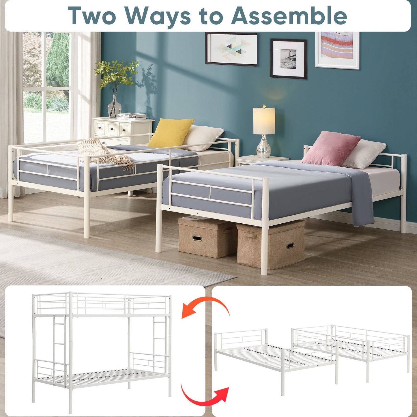 Twin metal bunk beds, metal structure bed frame with safety guardrails and 2 ladders, convertible bunk beds, white - Korvel