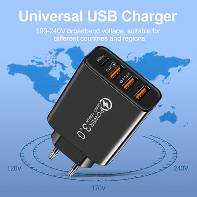 3USB+PD Type-C mobile phone charger with multiple USB ports, travel charging head - Korvel
