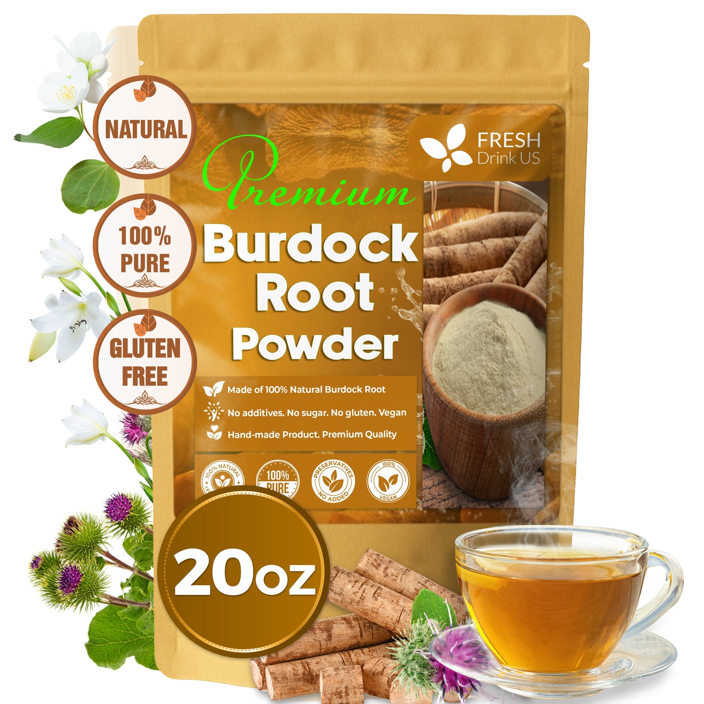 Burdock Root Powder, Burdock Root Extract, 100% Natural & Pure from Burdock Root, Burdock Root Herbal Tea, No Additives, No Caffeine, Vegan - Korvel