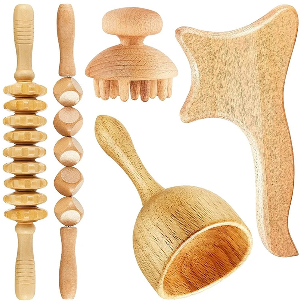 Beech wood therapy scraping cup, meridian dredging roller, tendon rolling stick, scraping board, head massager, massage set - Korvel