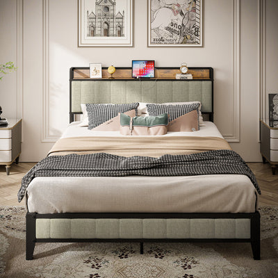 Queen Size Bed Frame with Charging Station, Upholstered Headboard, Metal Platform, Grey - Korvel