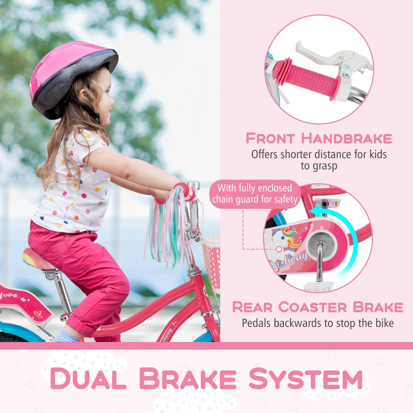 Bicicleta de 14 Pulgadas para Niñas con Asiento para Muñecas y Ruedas de Entrenamiento para Edades d